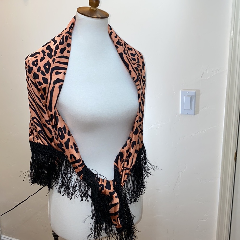 Dominique Martine 100% Silk Animal Print Shawl Wrap With Fringe Vintage